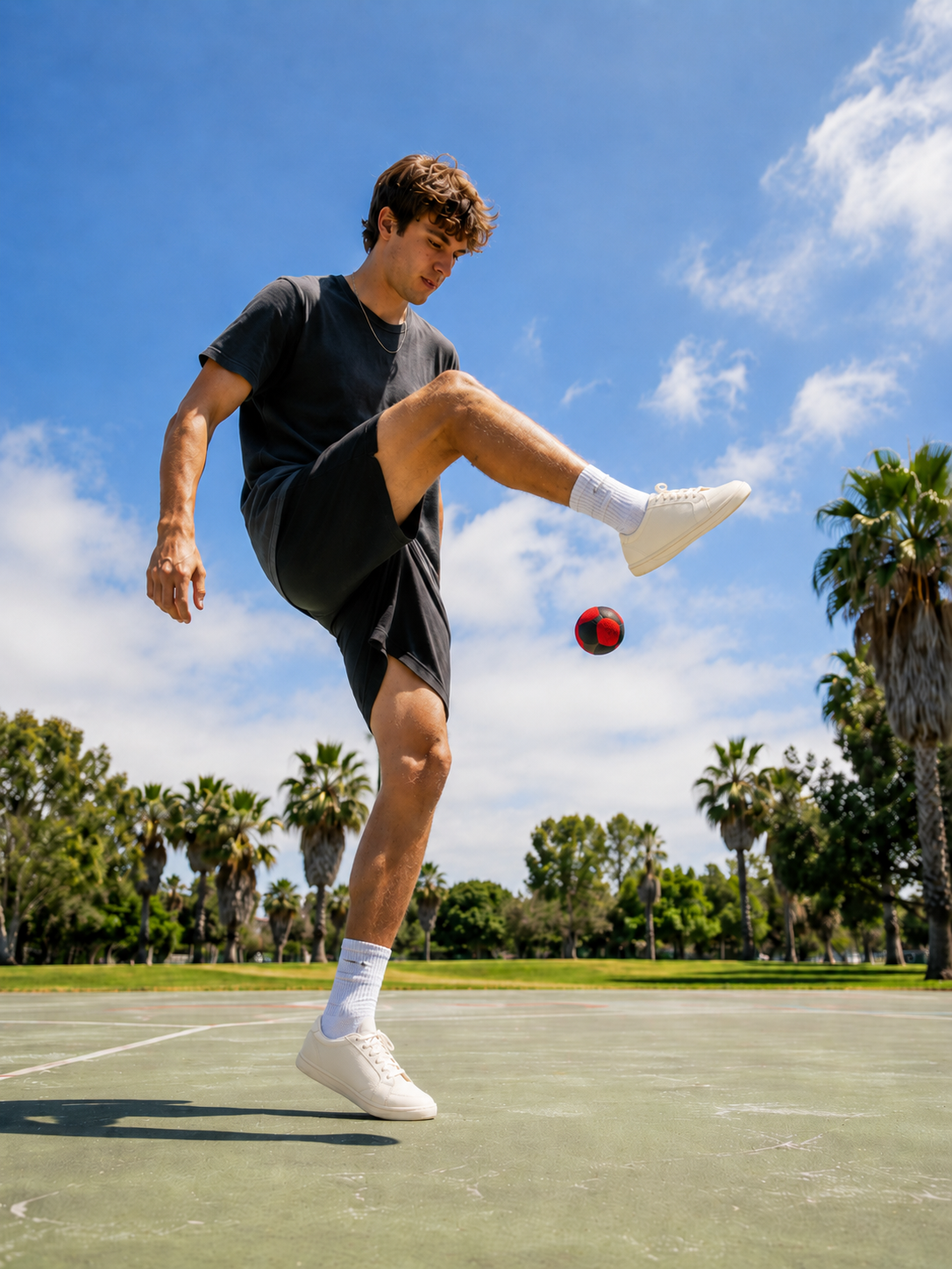 Boy spinning his foot around a dirtbag footbag during a trick