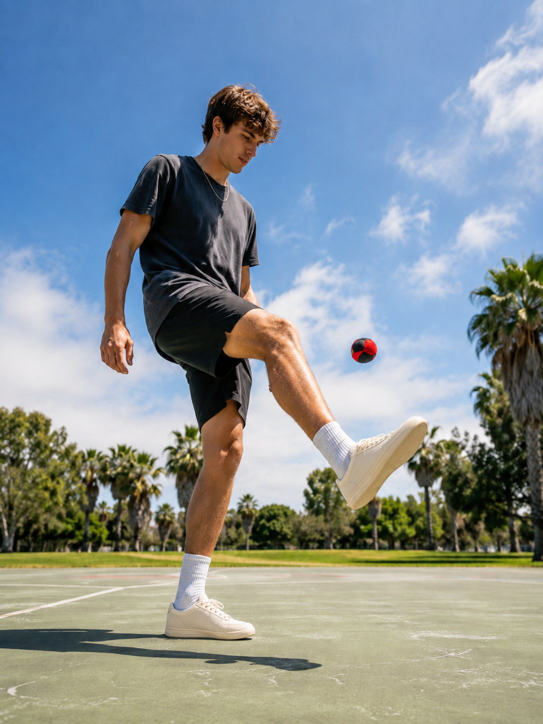 Boy kicking a red and black dirtbag footbag outdoors