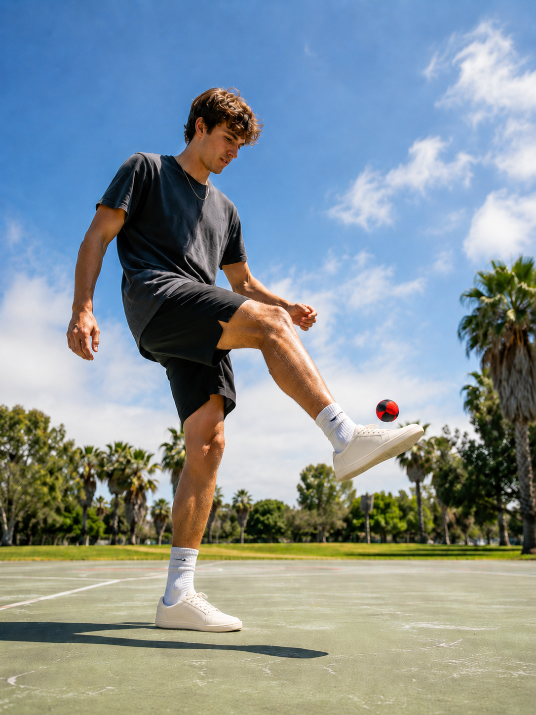 Boy playing dirtbag footbag tricks outdoors with a red and black footbag